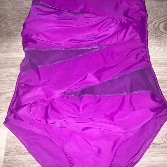 Women's Bright Magenta Purple Asymetrical One Piece Swimsuit - Picture 4 of 9